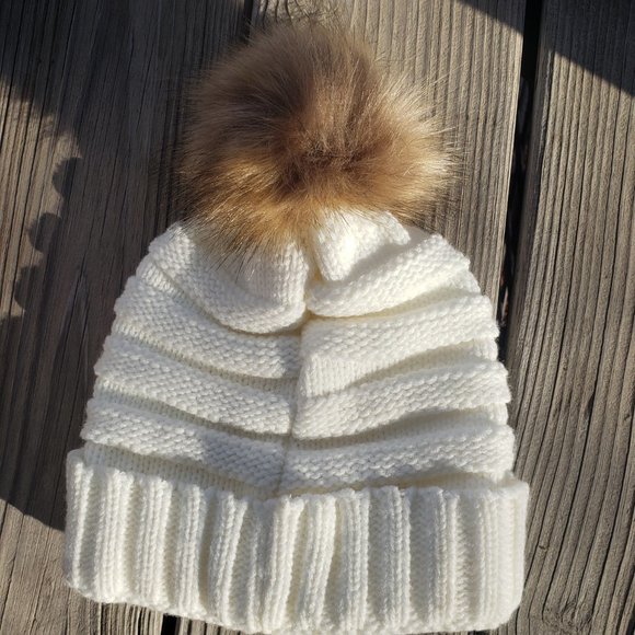 KLV Slouchy Unisex Knitted Wool Beanie Hat with Faux Fur Pom - Picture 2 of 3